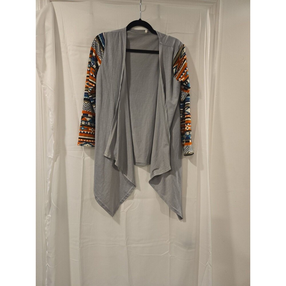 Contemporary Boho Grey Waterfall Cardigan with Geometric Print Sleeves